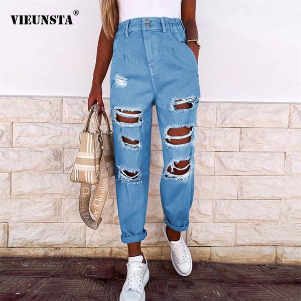 

women's jeans casual women elastic high waist pocket jean street cool ripped hole denim straight pant fashion autumn loose trousers lon, Blue