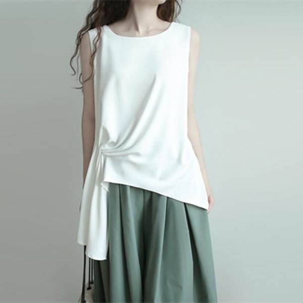 

women's tanks & camis back buckle sleeveless chiffon shirt women elegant japanese irregular solid vest fashion t-shirts female white ta