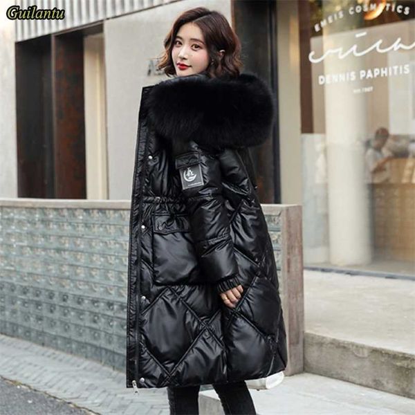 

winter hooded fur collar long parkas mujer thick warm down cotton padded jacket women plus size casual hoodies coat female 211008, Black