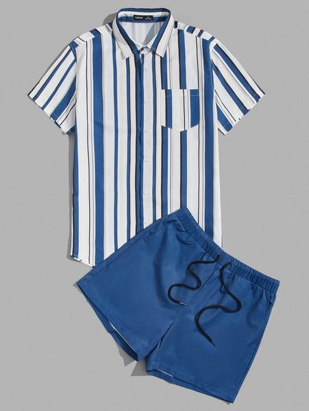 

men striped pattern patch pocket shirt & drawstring waist shorts b1wb#, Gray