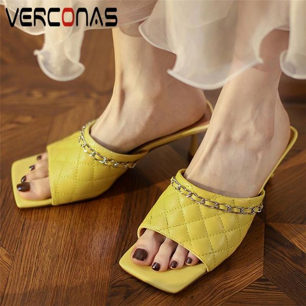 

dress shoes verconas fashion concise slippers women sandals thin heels genuine leather chain pumps summer casual arrival woman, Black