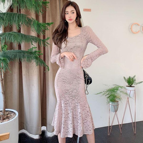 

sweet soft girl bodycon mermaid dress fall winter flare sleeve lace dresses casual street vestidos midi feminino, Black;gray