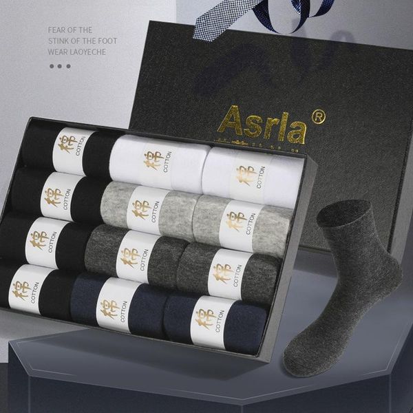 

men's socks 12pairs high-end gift box hard solid color business autumn and winter sweat-absorbent cotton, Black