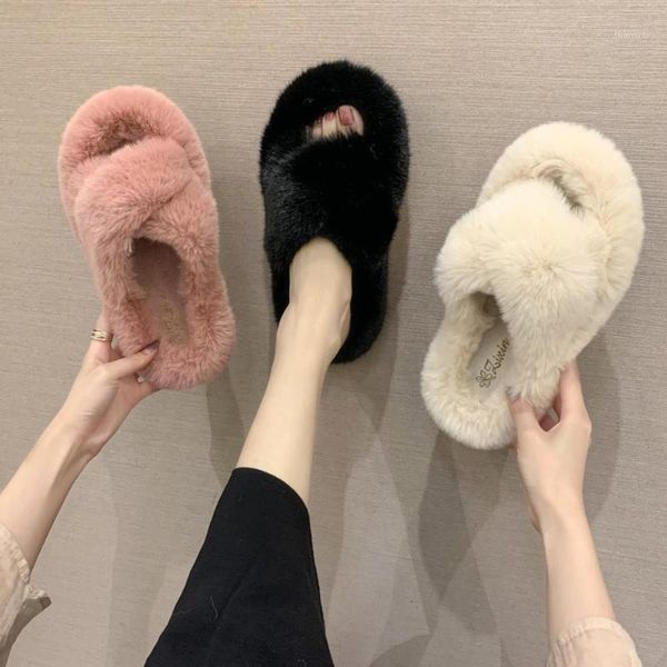 

slippers 2021 winter fashion women home faux fur warm shoes ladies slip on flats female flip flops design indoor outdoor1, Black
