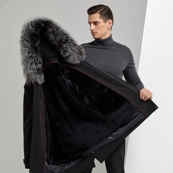 

men's leather & faux winter 2021 fur lining jacket mid-length casual big collar coat detachable, Black