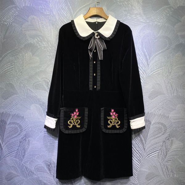 

casual dresses female embroidered veet sweet bowtie b615, Black;gray