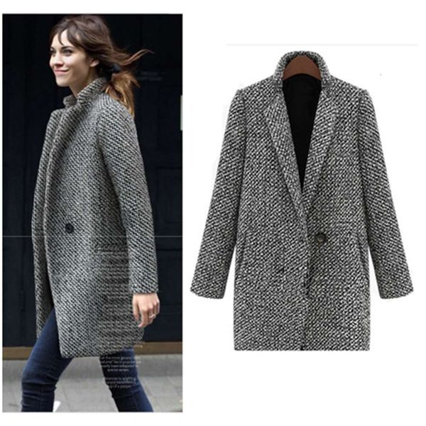 

autumn winter grid coat slim fit thickened tweed, Black;brown