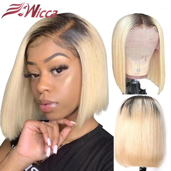 

wicca 1b/613 dark roots straight bob wig 150% density 13x4 lace front ombre human hair brazilian remy for women1, Black;brown