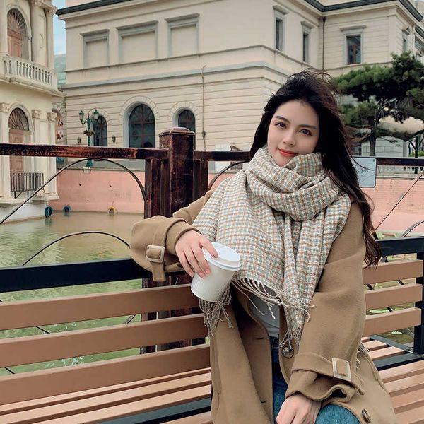 

korean plaid imitation cashmere scarf female autumn and winter woolen edge british versatile warm thickened shawl bib, Blue;gray