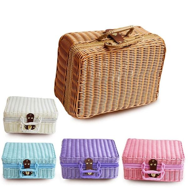 

handmade rattan woven storage case makeup travel picnic luggage basket holder vintage portable suitcase sundries organizer box baskets