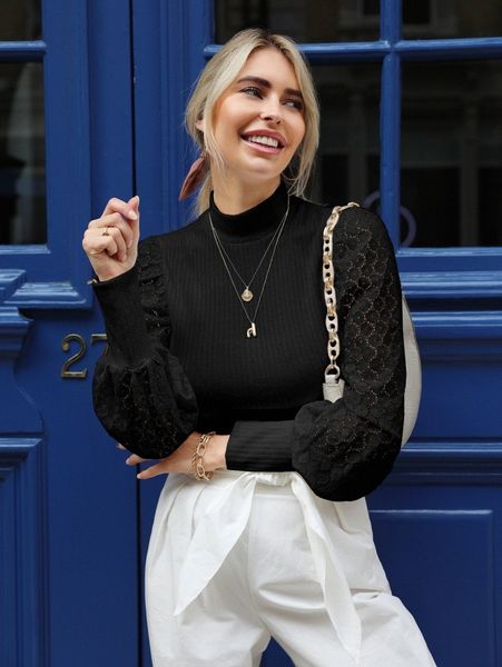 

mock neck lantern sleeve 49kx#, White