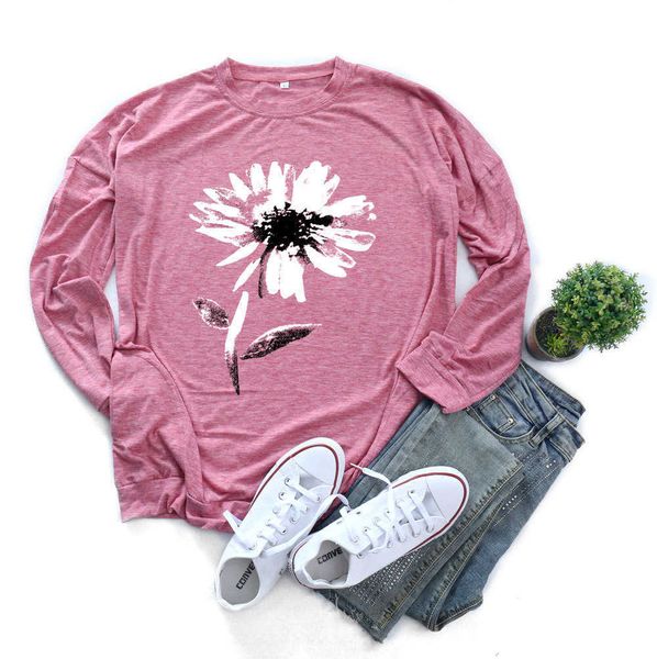 

pocket sweater women's floral print large round neck long sleeve t-shirt, White