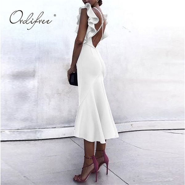 

summer women long party dress bodycon sleeveless backless ruffle maxi 210513, Black;gray