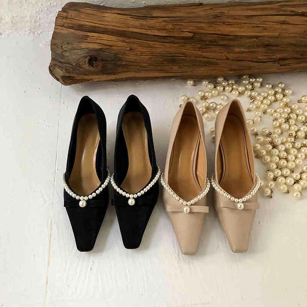 

dress shoes pearl women pumps shallow slip on black/beige casual thin mid heels round toe work chain party 35-39 x8vz