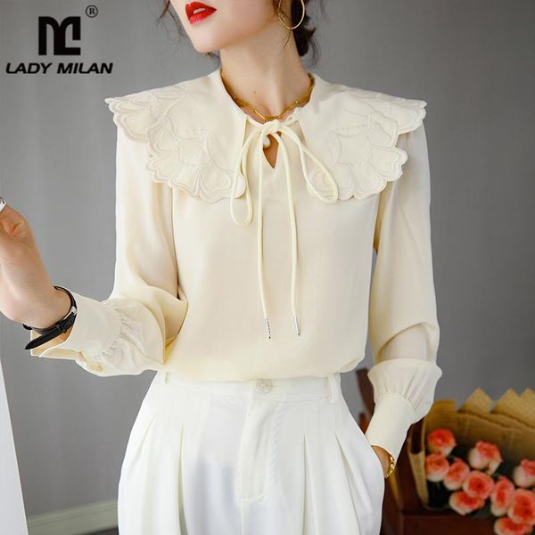 

100% natural silk women's shirt turn down collar embroidery long sleeves elegant blouse camisa blouses & shirts, White
