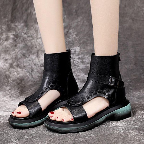 

boots summer women gladiator shoes ladies fashion buckle strap hollow out mesh ankle open toe with zipper, Black