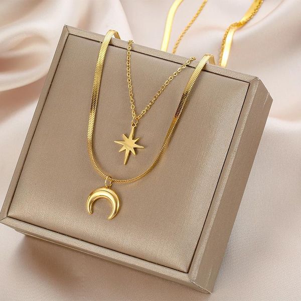 

pendant necklaces simple star moon necklace for women exquisite fashion double layer choker clavicle chain party jewelry gifts girls, Silver