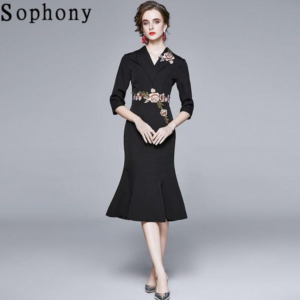 

casual dresses sophony runway flower embroidered mermaid dress fashion women long sleeve retro elegant 3/4 bodycon knee-length, Black;gray