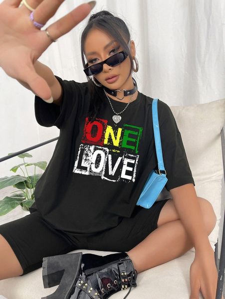 

letter graphic drop shoulder tee & biker shorts l0nf#, White
