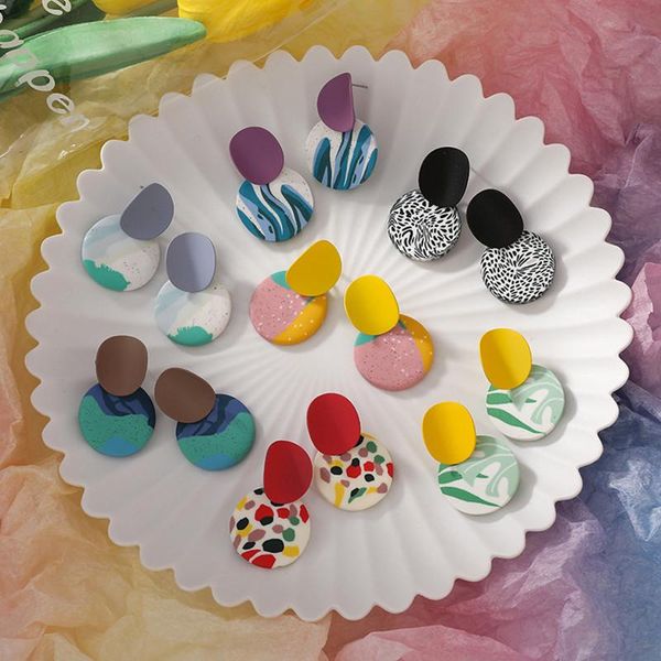 

dangle & chandelier funky soft pottery original abstract hand-made earrings for women girls geometric round color clay pendientes mujer ear, Silver