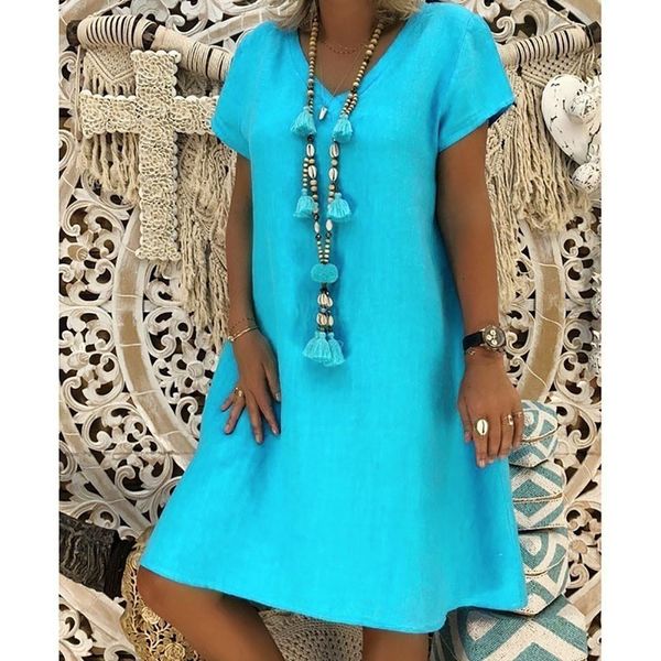 

h40 casual loose style dress women skirts cotton linen summer plus size vestido feminino shirt v nek short sleeve ladies, Black