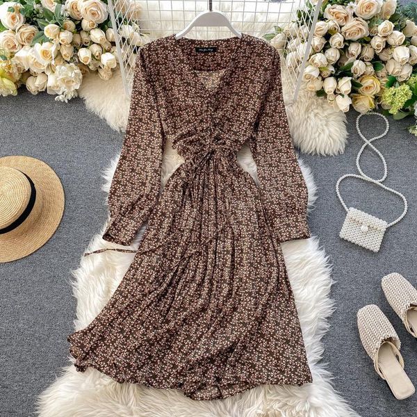 

casual dresses ichoix spring vintage floral dress v-neck women long elegant party high waist pleated office work, Black;gray