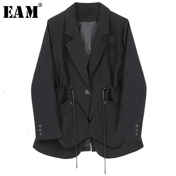

[eam] women black drawstring temperament blazer lapel long sleeve loose fit jacket fashion spring autumn 1h792 210930, White;black