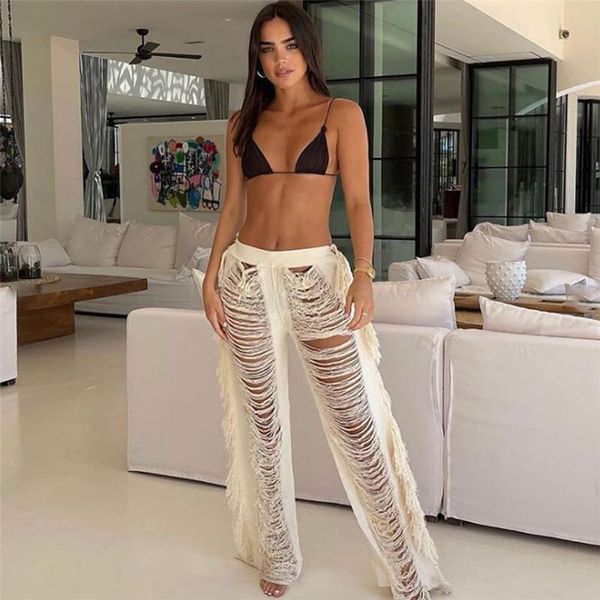 

women's pants & capris sylph highÂ waistÂ trousers hollow out tassel straight solid pant for women autumn arrival fashion knitted female, Black;white