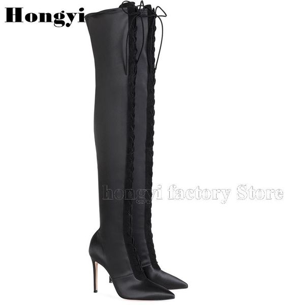 

boots fashion satin patchwork designer pointed toe thin high heel women over the knee 2021 lace up gladiator thigh long boot, Black