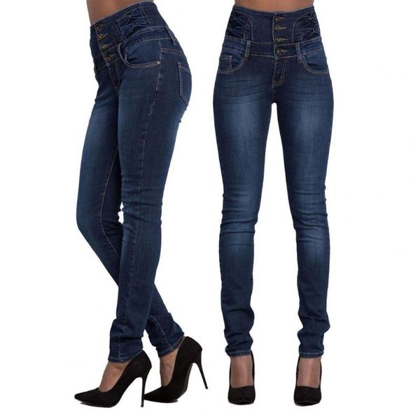 

women's jeans pencil multi breasted skinny tights women long denim pants, Blue