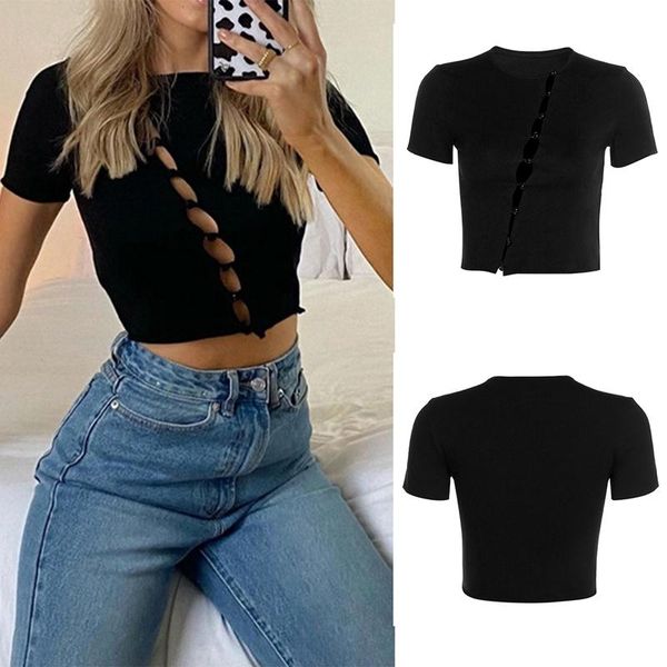 

women's t-shirt short sleeve round neck crimped hole hollow slim black, White