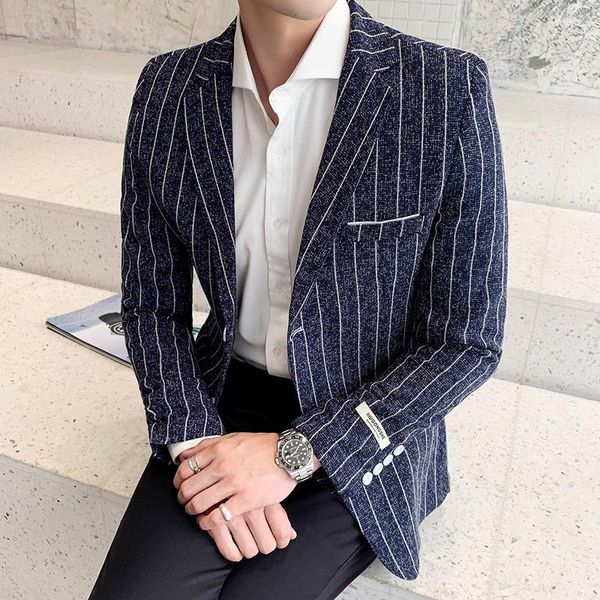 

plus size 5xl men slim suit jacket masculino black blue single button business men's retro stripes mens brand blazer suits & blazers, White;black