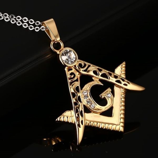 

pendant necklaces punk fashion hollow zircon masonic symbol ason amulet for men, Silver