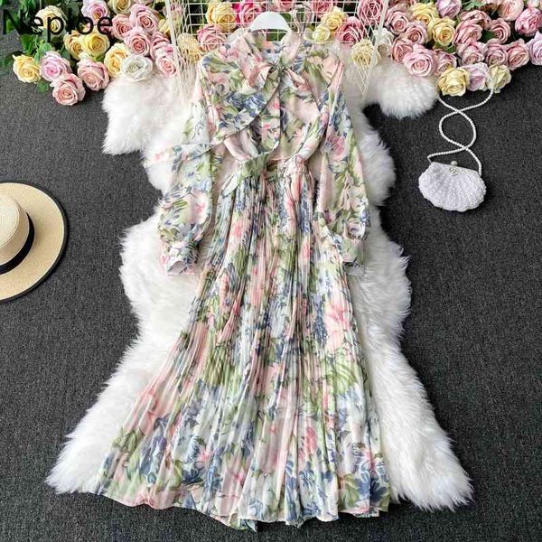 Neploe Chiffon Maxi Vestidos para Mulheres Chic Lace Up Bow Pescoço Floral Vestidos Mujer Temperamento Slim Vestido Plissado Vestido Vintage 210422