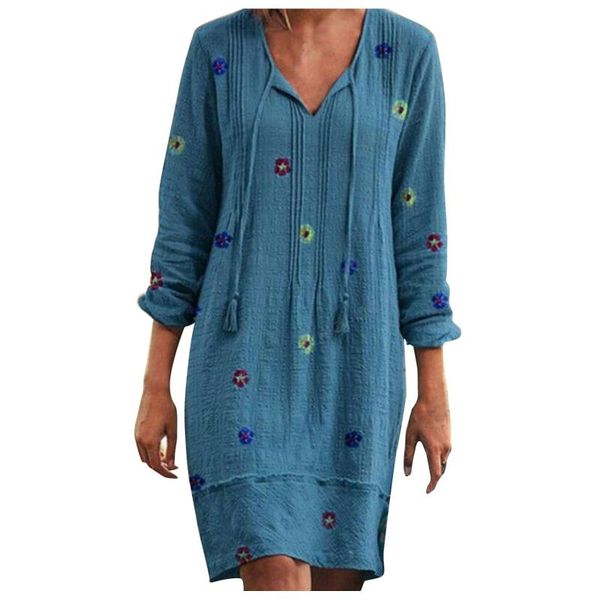 

casual dresses vestido floral dress woman long sleeve v neck drawstring oversized print pullover knee length 40#, Black;gray