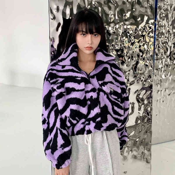 

y2k streetwear striped lambwool short coat women harajuku loose zip up pockets warm jacket long sleeve onesize crop coats 210422, Black;brown