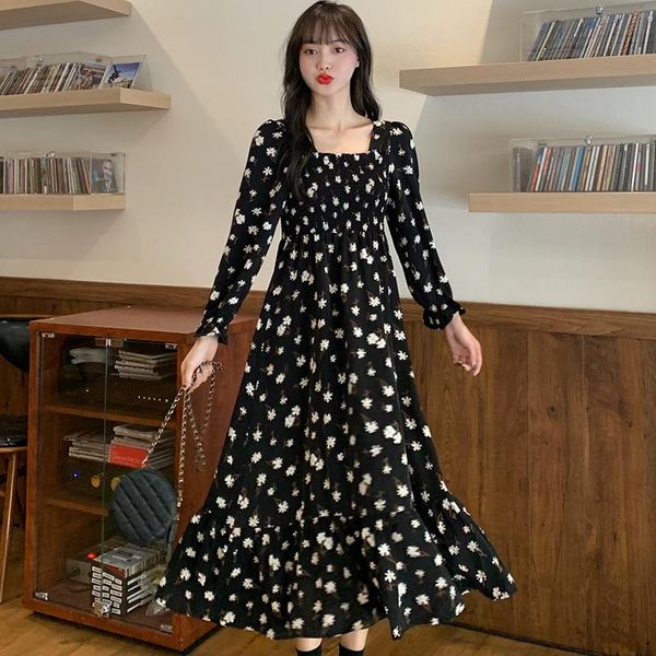 

spring pregnant women floral dress black white flowers square collar elastic waist maternity cotton long pregnancy dresses