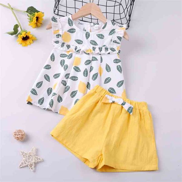 

summer suit clothing sets leaf pattern print sleeveless shorts 2pcs kid clothes children's girls 210528, White