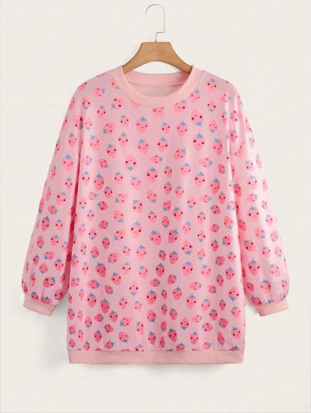 

plus cartoon & strawberry print drop shoulder longline sweatshirt g9ae#, Black