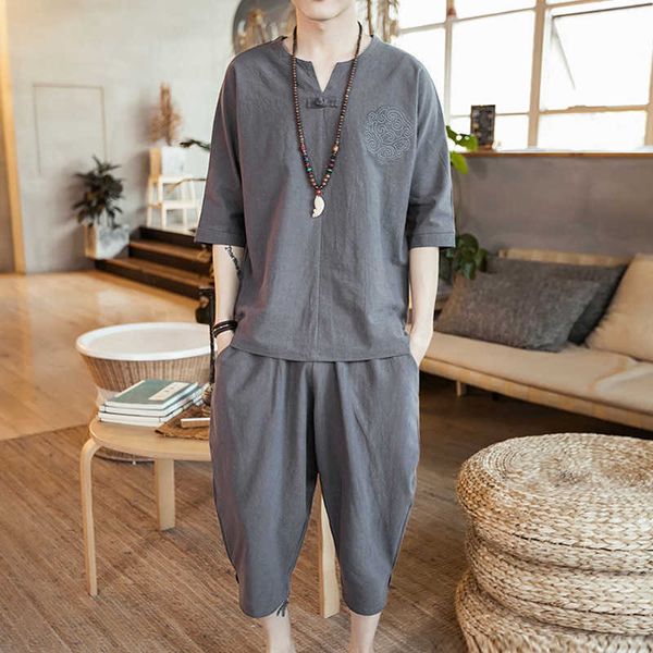 

tshirt set coffee cotton hemp loose plus size embroidery menwear, Gray