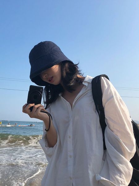 

black small edge fisherman's female summer versatile sunscreen korean leisure basin minority sun hat, Blue;gray
