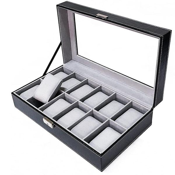 

watch boxes & cases box for men, large display case organizer tray jewelry storage glass black pu leather, Black;blue