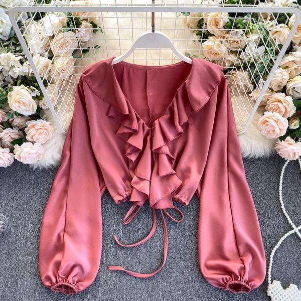

women's blouses & shirts sweet ruffles blouse shirt spring summer v neck puff sleeve lace up slim waist solid casual female blusa pin4, White