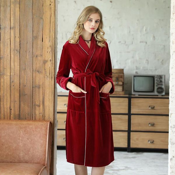 

women's sleepwear autumn and winter gold velvet long-sleeved nightgown wine red wedding ladies warm home service bathrobe, Black;red