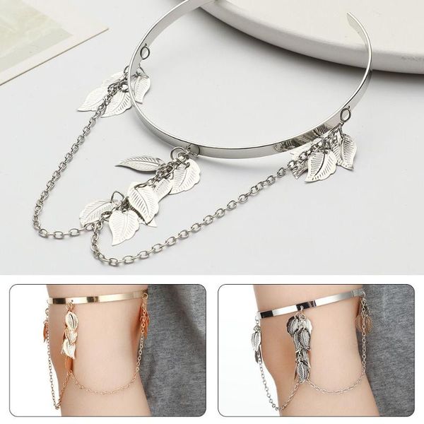 

link, chain fashion leaf charm upper arm bracelet metal leaves tassel pendants bracelets for women jewelry, Black