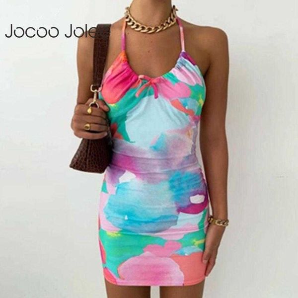 

jocoo jolee women summer printing halter hit color v-neck bow mini dress skinny pleated buttocks backless party club 210619, Black;gray
