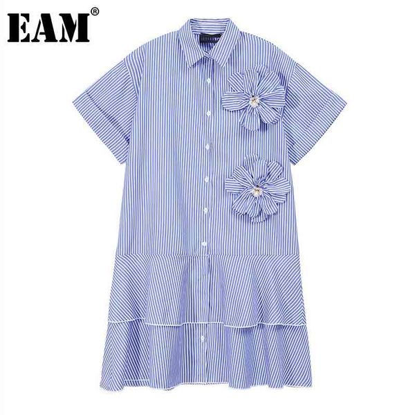 

[eam] women flowers spliced striped ruffles shirt dress lapel short sleeve loose fit fashion spring summer 1dd8537 21512, Black;gray