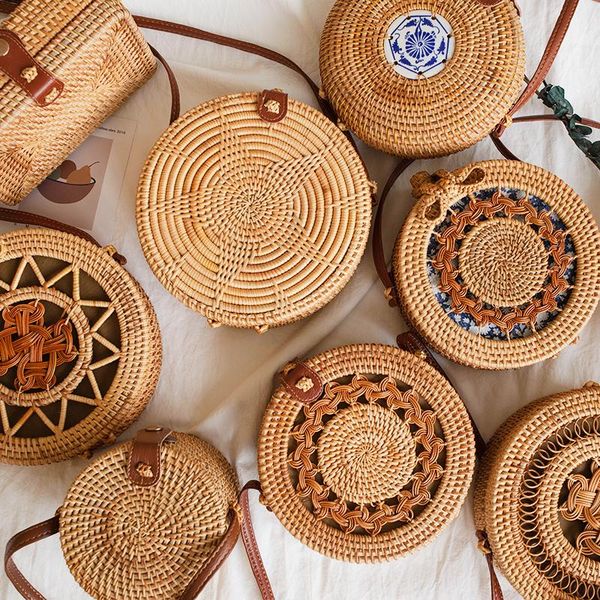 

evening bags woven rattan bag round straw shoulder small beach handbags women summer hollow handmade messenger crossbody