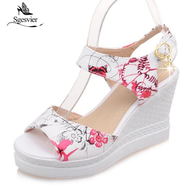 

sgesvier fashion super heels shoes woman 2021 summer peep toe wedge sandals buckle platform print flower party ox432, Black