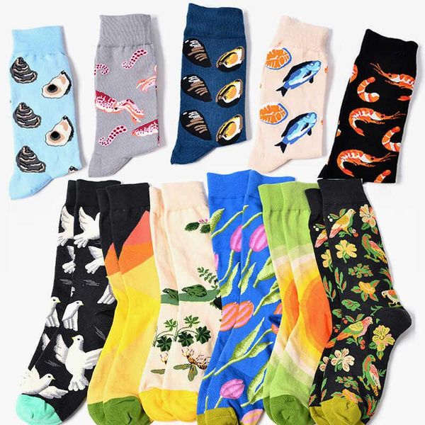 

men's socks pattern mens plant cotton dress sea fashion colorful animal novelty creative hosiery color middle tube, Black